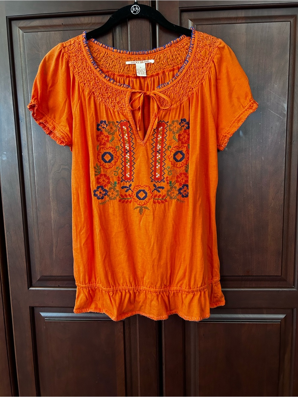 Lucky Brand Orange Embroidered Peasant Top